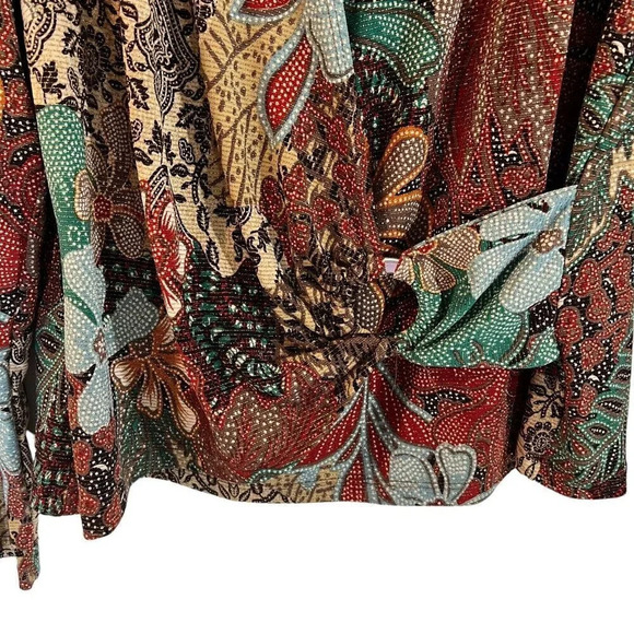 Graff Metallic Floral Blouse Medium Draped V Neck Long Sleeve Colorful Stretch - Picture 4 of 7